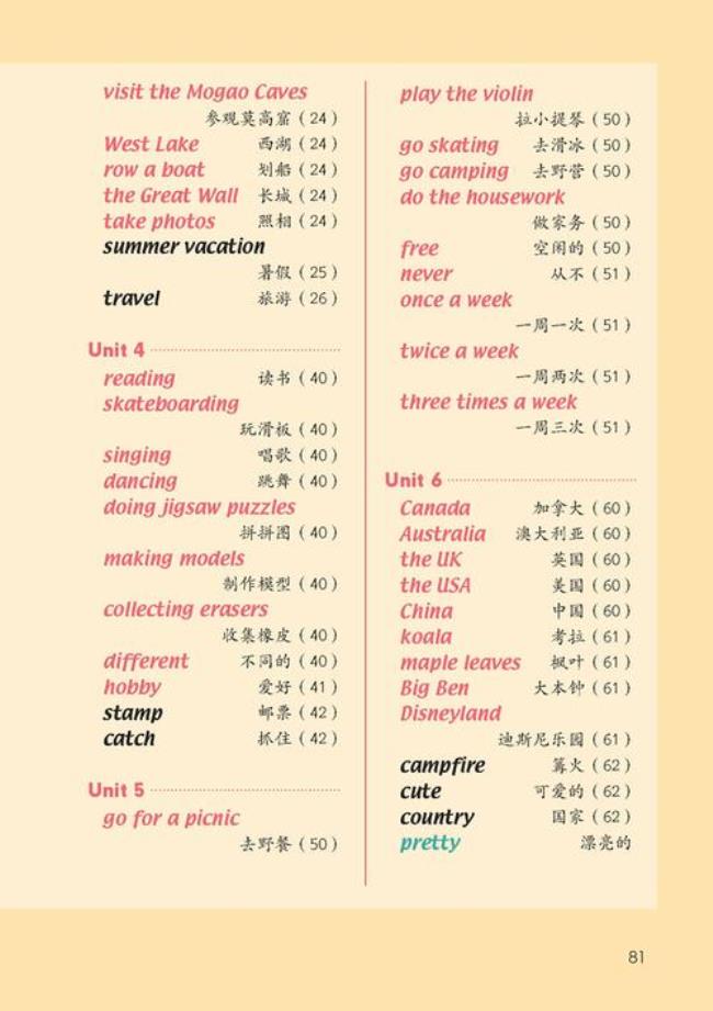 四年级英语下册第二单元单词表