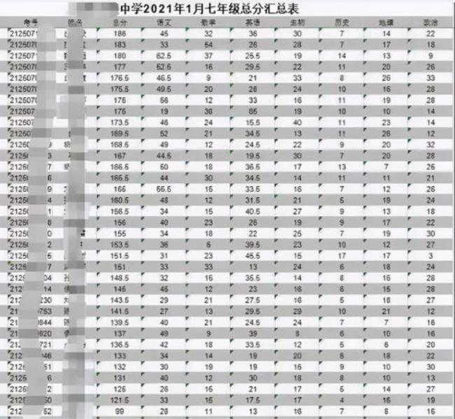 初三各科总分成绩表