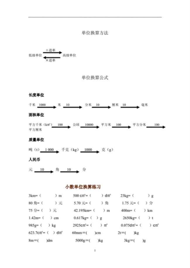 所有小数换算单位