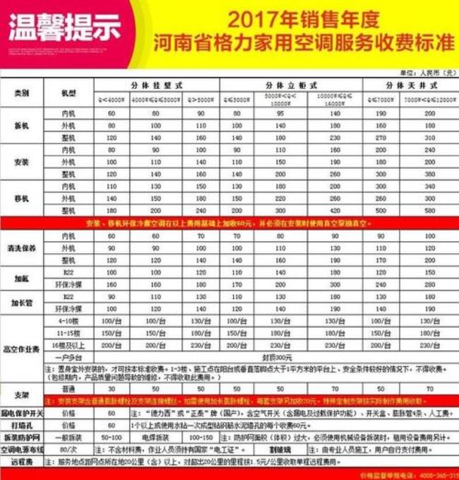 格力空调收费标准