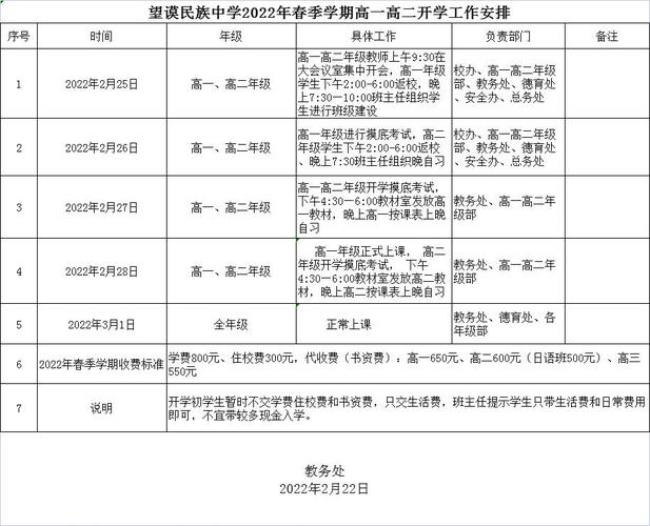 2022年中学春季开学时间时间表