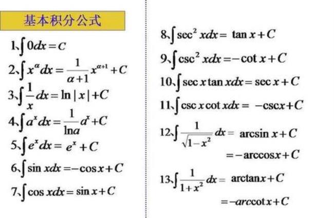 高数不定积分基本公式