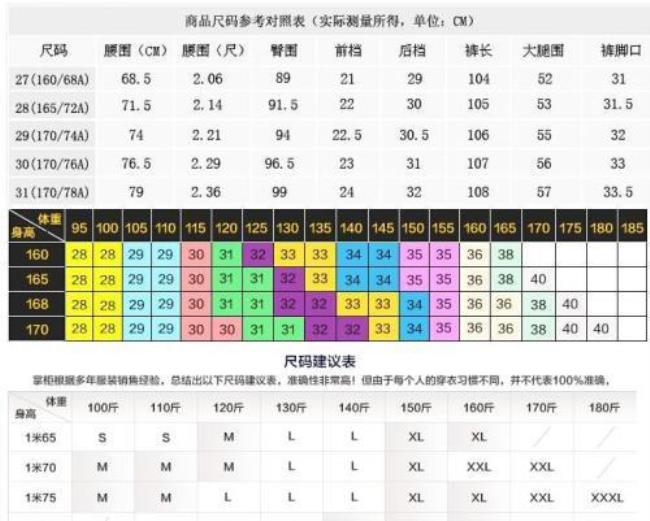 L等于多少裤子尺寸