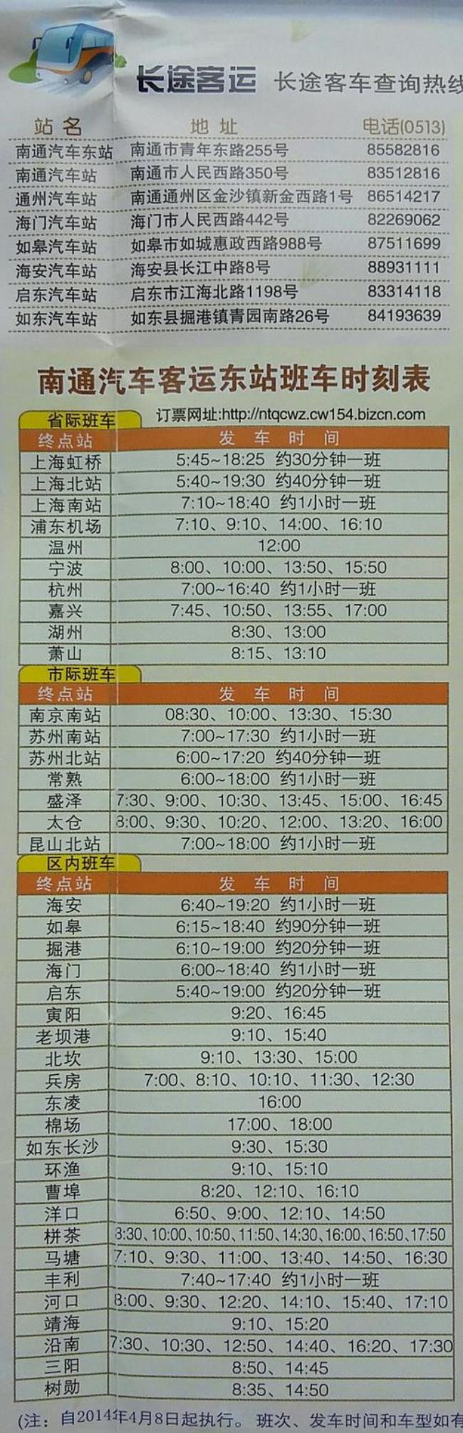 上海到南通东站大巴时刻表