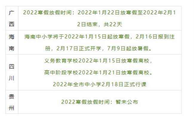 2022年寒假小学放假时间安徽