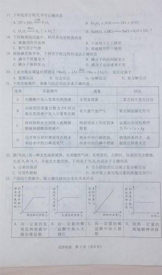 北京中考化学总分