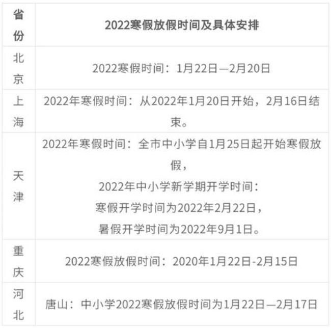 2022年寒假云南中小学放假时间表