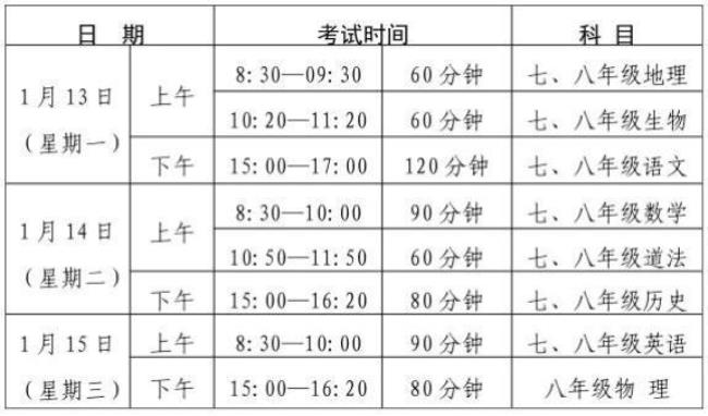 初三七科考试顺序