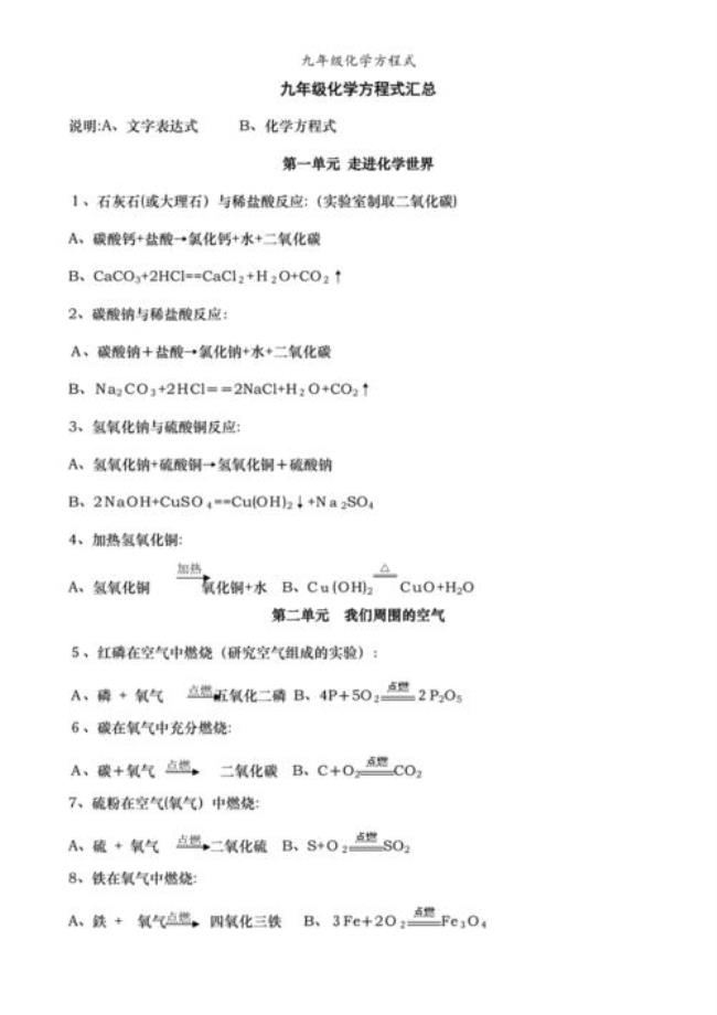 九上化学八个化学方程式