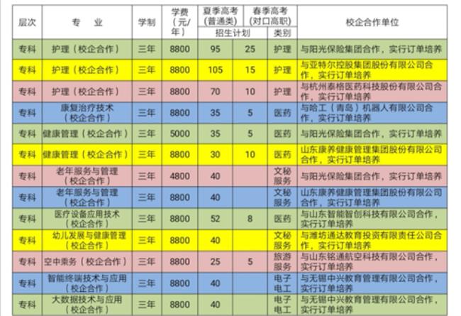 潍坊护理职业学院分什么专业