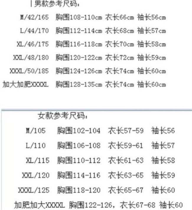 国际胸围标准尺码