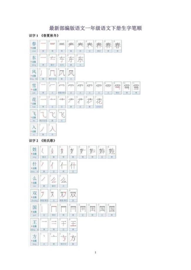 一年级语文木字笔顺